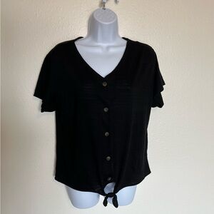 Weatherproof Vintage Black Tie Front Linen Top. Size L.